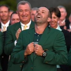 Sergio Garcia gets the feeling of his green jacket after winning the Masters Tournament on Sunday, April 9, 2017. Garcia won the tournament by defeating Justin Rose in a one-hole playoff on the 18th green at Augusta National Golf Club in Augusta, Ga. (Jeff Siner/Charlotte Observer/TNS)