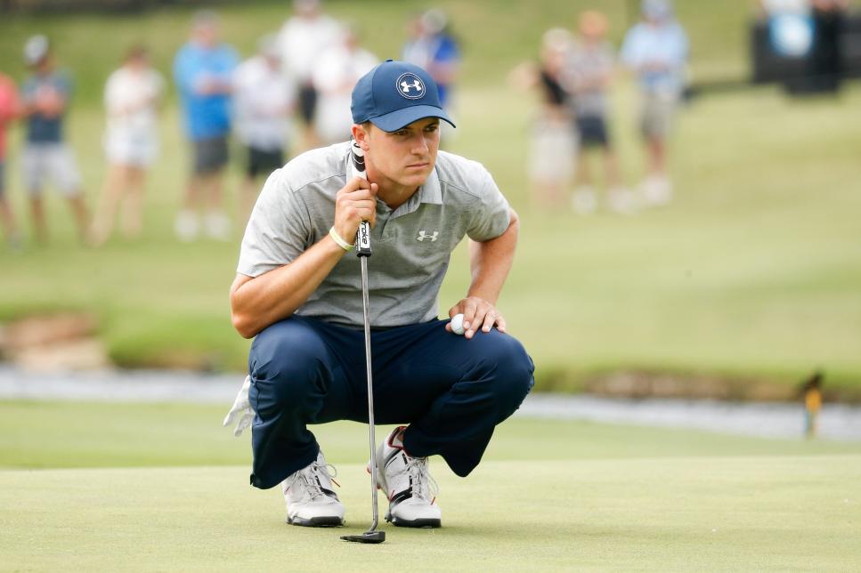 IRVING, TX - MAY 19: Jordan Spieth lines up his putt on #17 during the second round of the AT&T Byron Nelson on May 19, 2017 at the TPC Four Seasons Resort in Irving, TX.  (Photo by Andrew Dieb/Icon Sportswire)