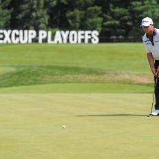 EDISON, NJ - AUGUST 30:  John Senden of Australia reads his putt on the 18th hole green in front of the FedExCup Playoffs sign during the final round of The Barclays at Plainfield Country Club on August 30, 2015 in Edison, New Jersey. (Photo by Keyur Khamar/PGA TOUR)