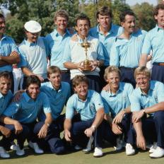 The winning Great Britain and Europe team in no order of Howard Clark, Sam Torrance, Ken Brown, Bernhard Langer, Severiano Ballesteros, Jose-Maria Olazabal, Jose Rivero, Gordon Brand Jnr, Nick Faldo, Ian Woosnam, Sandy Lyle and Eamonn Darcy during the 27th Ryder Cup Matches on 27 September 1987at the Muirfield Village in Dublin, Ohio, USA. (Photo by David Cannon/Getty Images)