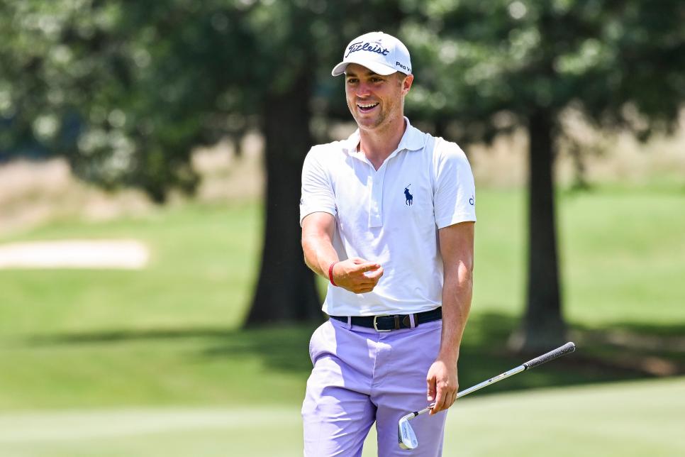 MEMPHIS, TN - JULY 28:  Justin Thomas reacts and smiles after almost chipping in on the seventh hole during the final round of the World Golf Championships-FedEx St. Jude Invitational at TPC Southwind on July 28, 2019 in Memphis, Tennessee. (Photo by Keyur Khamar/PGA TOUR via Getty Images)