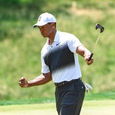 POTOMAC, MD - JUNE 30:  Tiger Woods raises his putter in celebration and pumps his fist after making a birdie putt on the ninth hole green during the third round of the Quicken Loans National at TPC Potomac at Avenel Farm on June 30, 2018 in Potomac, Maryland. (Photo by Keyur Khamar/PGA TOUR)