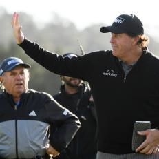 PEBBLE BEACH, CALIFORNIA - FEBRUARY 11:  Phil Mickelson of the United States celebrates winning on the 18th green during the continuation of the final round of the AT&T Pebble Beach Pro-Am at Pebble Beach Golf Links on February 11, 2019 in Pebble Beach, California. (Photo by Harry How/Getty Images)