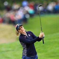 AUCHTERARDER, SCOTLAND - SEPTEMBER 15: Lexi Thompson of Team USA plays her second shot on the second hole in her match against Georgia Hall of Team Europe during the final day singles matches of the Solheim Cup at Gleneagles on September 15, 2019 in Auchterarder, Scotland. (Photo by David Cannon/Getty Images)