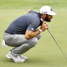 CROMWELL, CONNECTICUT - JUNE 27: Dustin Johnson of the United States lines up a putt on the 18th green during the third round of the Travelers Championship at TPC River Highlands on June 27, 2020 in Cromwell, Connecticut. (Photo by Elsa/Getty Images)