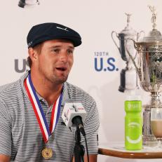 MAMARONECK, NEW YORK - SEPTEMBER 20: Bryson DeChambeau of the United States speaks to the media during a press conference alongside the championship trophy after winning the 120th U.S. Open Championship on September 20, 2020 at Winged Foot Golf Club in Mamaroneck, New York. (Photo by Gregory Shamus/Getty Images)