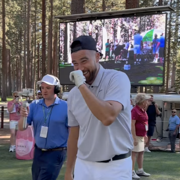 Travis Kelce hits a golf ball to Mars to win celebrity long drive contest at Lake Tahoe.