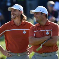 PARIS, FRANCE - SEPTEMBER 29:  Tommy Fleetwood of Europe and Francesco Molinari of Europe celebrate during the afternoon foursome matches of the 2018 Ryder Cup at Le Golf National on September 29, 2018 in Paris, France.  (Photo by Stuart Franklin/Getty Images)