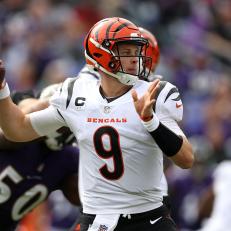 BALTIMORE, MARYLAND - OCTOBER 24: Quarterback Joe Burrow #9 of the Cincinnati Bengals drops back to pass against the Baltimore Ravens in the first half at M&T Bank Stadium on October 24, 2021 in Baltimore, Maryland. (Photo by Rob Carr/Getty Images)