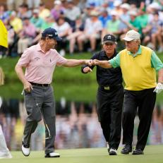 Gary Player, Jack Nicklaus and Tom Watson during a practice round of the 2018 Masters Tournament held in Augusta, GA at Augusta National Golf Club on Wednesday, April 4, 2018.