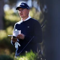 PEBBLE BEACH, CALIFORNIA - FEBRUARY 04: Jordan Spieth of the United States prepares to play from the 11th tee during the second round of the AT&T Pebble Beach Pro-Am at Spyglass Hill Golf Course on February 04, 2022 in Pebble Beach, California. (Photo by Jed Jacobsohn/Getty Images)