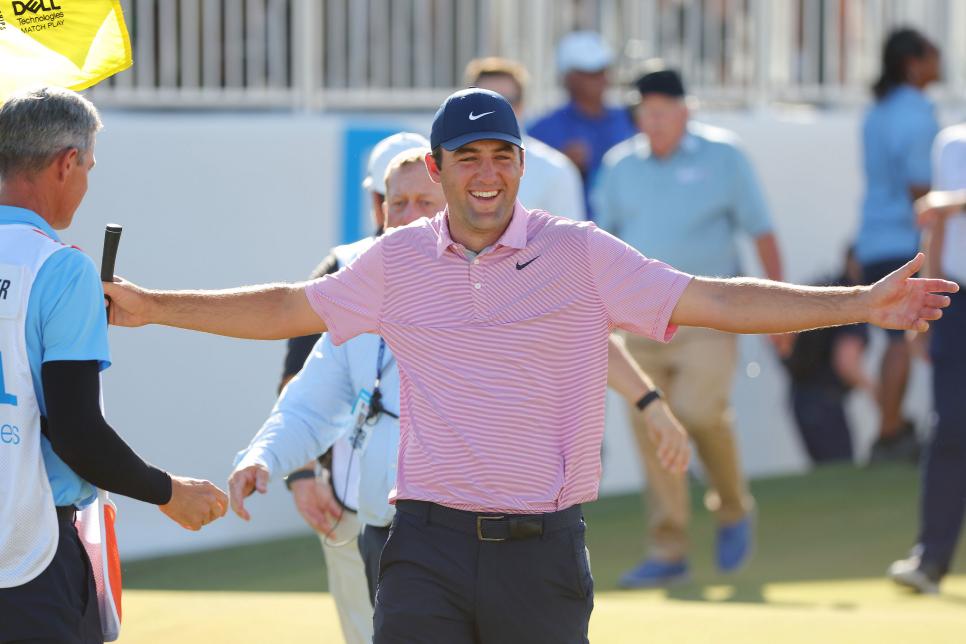 AUSTIN, TEXAS - MARCH 27: Scottie Scheffler of the United States celebrates after defeating Kevin Kisner of the United States 4&3 in their finals match to win the World Golf Championships-Dell Technologies Match Play at Austin Country Club on March 27, 2022 in Austin, Texas. (Photo by Kevin C. Cox/Getty Images)