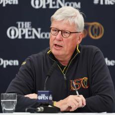 ST ANDREWS, SCOTLAND - JULY 13: Martin Slumbers, Chief Executive of the R&A, speaks during a press conference during a practice round prior to The 150th Open at St Andrews Old Course on July 13, 2022 in St Andrews, Scotland. (Photo by Oisin Keniry/R&A/R&A via Getty Images)