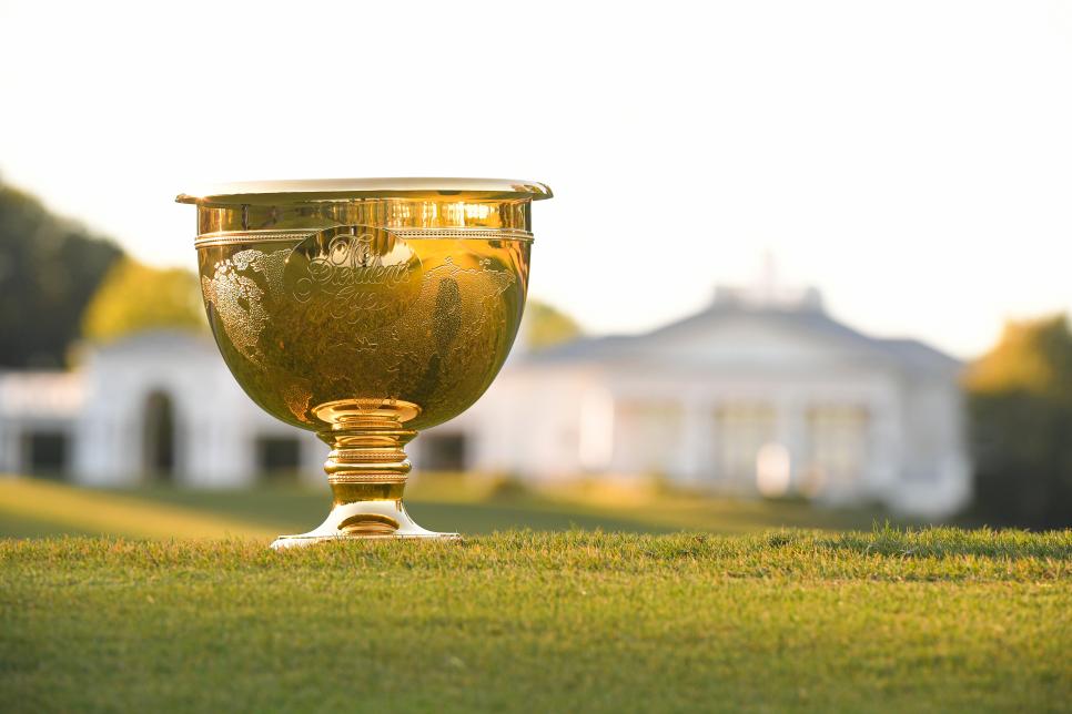 CHARLOTTE, NC - SEPTEMBER 27: The Presidents Cup is seen on the course during the Captains Visit for 2022 Presidents Cup at Quail Hollow Club on September 27, 2021 in Charlotte, North Carolina. (Photo by Ben Jared/PGA TOUR via Getty Images)