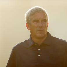 VIRGINIA WATER, ENGLAND - SEPTEMBER 08: Jay Monahan, Commissioner of the PGA TOUR looks on during Previews ahead of The BMW PGA Championship at Wentworth Golf Club on September 08, 2021 in Virginia Water, England. (Photo by Richard Heathcote/Getty Images)