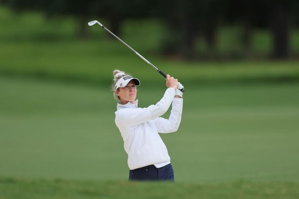 THE WOODLANDS, TEXAS - APRIL 21: Nelly Korda of the United States plays a shot on the first hole during the final round of The Chevron Championship at The Club at Carlton Woods on April 21, 2024 in The Woodlands, Texas. (Photo by Andy Lyons/Getty Images)