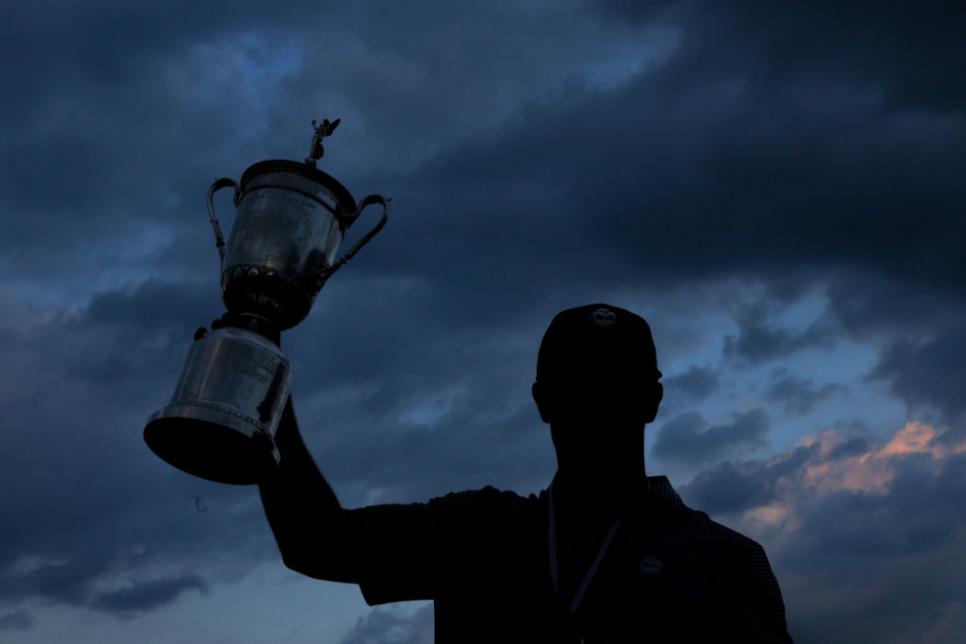 PINEHURST, NORTH CAROLINA - JUNE 16: Bryson DeChambeau of the United States poses with the trophy after winning the 124th U.S. Open at Pinehurst Resort on June 16, 2024 in Pinehurst, North Carolina. (Photo by Andrew Redington/Getty Images)