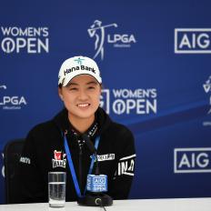 GULLANE, SCOTLAND - AUGUST 02: Minjee Lee of Australia speaks in a press conference during a practice round prior to the AIG Women's Open at Muirfield on August 02, 2022 in Gullane, Scotland. (Photo by Alex Burstow/R&A/R&A via Getty Images)