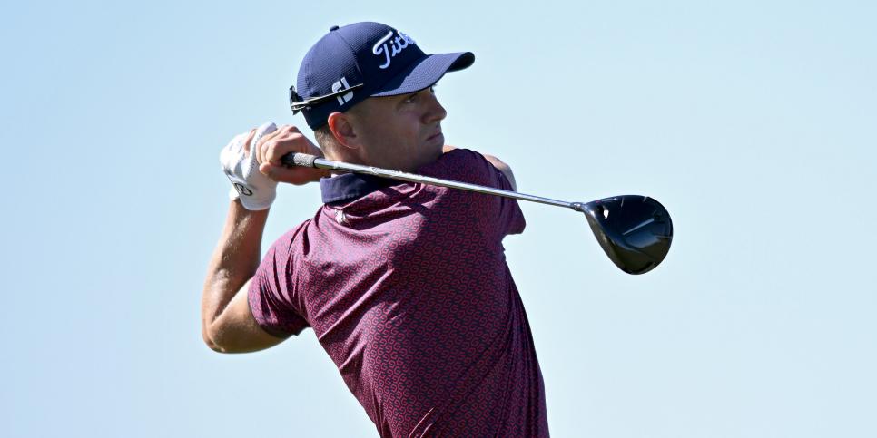 LA JOLLA, CALIFORNIA - JANUARY 27: Justin Thomas of the United States plays his shot from the fourth tee of the South Course during the third round of the Farmers Insurance Open at Torrey Pines Golf Course on January 27, 2023 in La Jolla, California. (Photo by Orlando Ramirez/Getty Images)