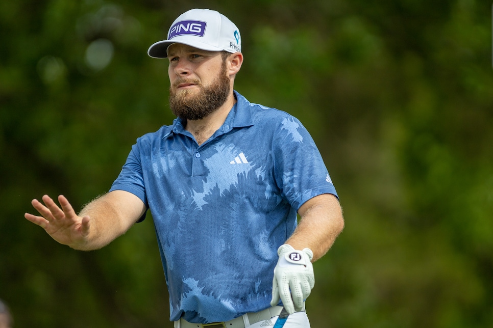 CHARLOTTE, NC - MAY 7: Tyrell Hatton of England approaches the tee box of the 16th hole during the Final Round at the Wells Fargo Championship at Quail Hollow Golf Club on May 7, 2023 in Charlotte, North Carolina. (Photo by Eston Parker/ISI Photos/Getty Images).