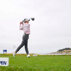 Lydia Ko tees off on the 18th hole during a practice round of the 2023 U.S. Women's Open at Pebble Beach Golf Links in Pebble Beach, Calif. on Tuesday, July 4, 2023. (Darren Carroll/USGA)