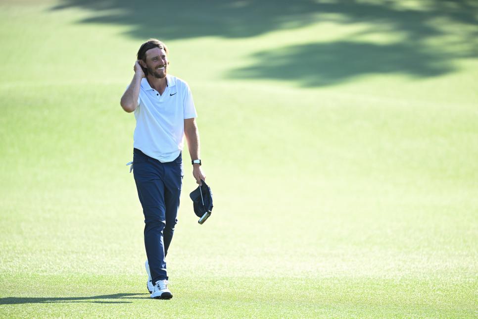 AUGUSTA, GEORGIA - APRIL 14: Tommy Fleetwood of England smiles as he walks up the 18th hole during the final round of  Masters Tournament at Augusta National Golf Club on April 14, 2024 in Augusta, Georgia. (Photo by Ben Jared/PGA TOUR via Getty Images)