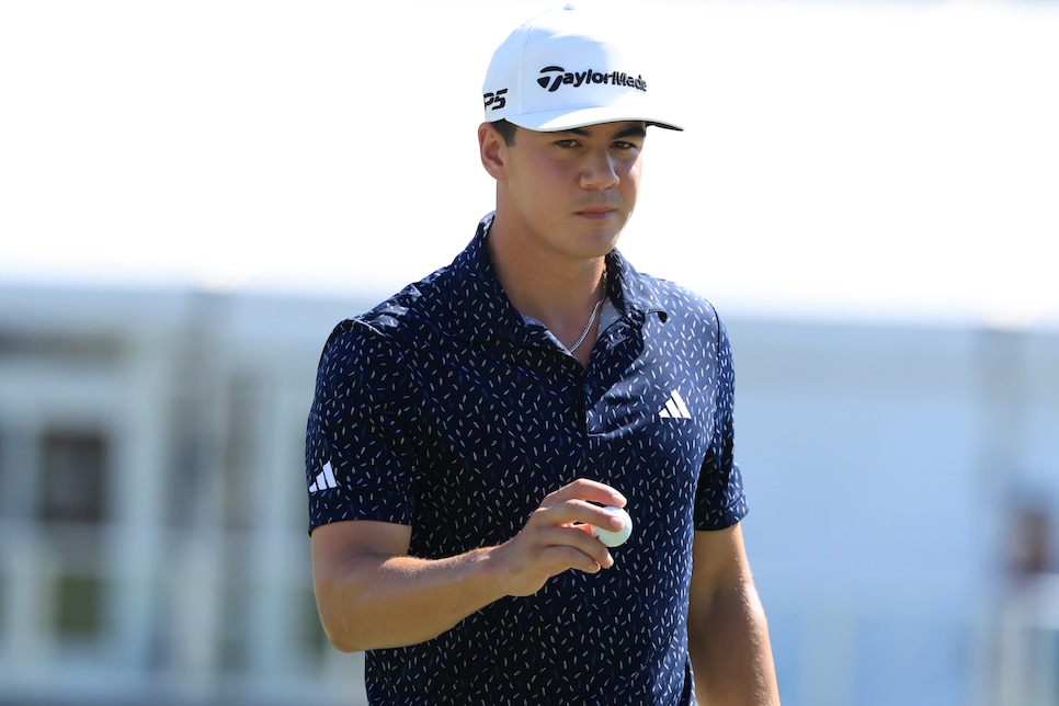 JACKSON, MISSISSIPPI - OCTOBER 06: Michael Thorbjornsen of the United States reacts to his putt on the ninth green during the final round of the Sanderson Farms Championship 2024 at the Country Club of Jackson on October 06, 2024 in Jackson, Mississippi. (Photo by Justin Casterline/Getty Images)