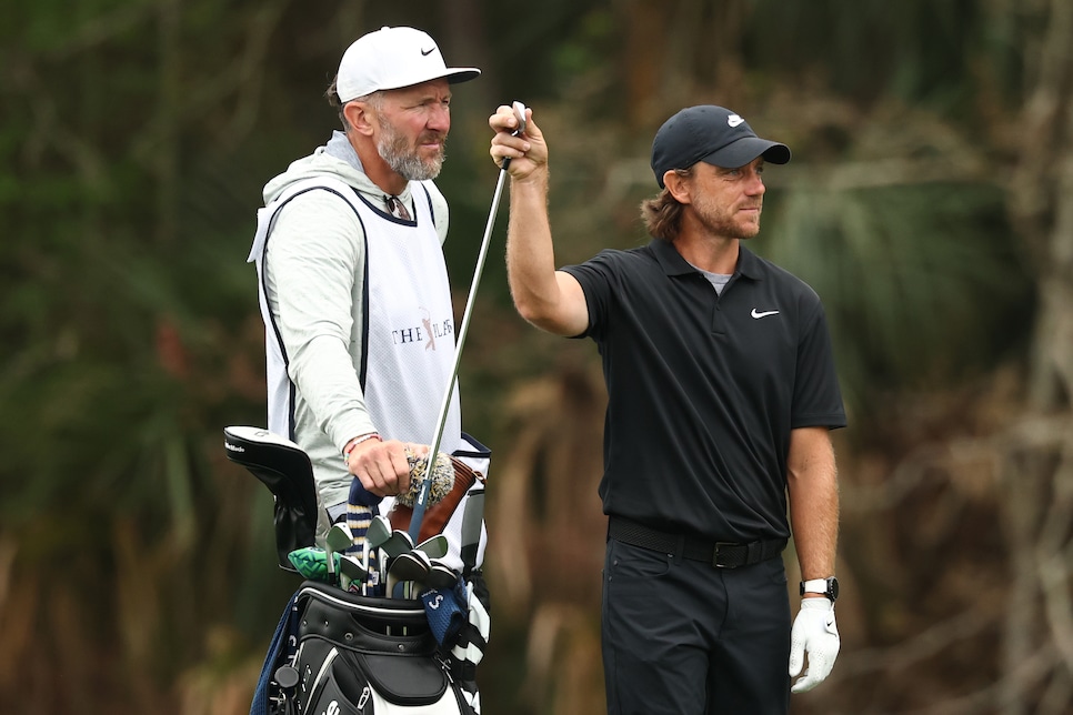 2205397017 PONTE VEDRA BEACH, FLORIDA - MARCH 16: Tommy Fleetwood of England pulls a club from his bag on the 14th hole during the final round of THE PLAYERS Championship on the Stadium Course at TPC Sawgrass on March 16, 2025 in Ponte Vedra Beach, Florida. (Photo by Jared C. Tilton/Getty Images)
