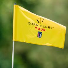 RALEIGH, NORTH CAROLINA - JUNE 02: The Korn Ferry Tour logo is displayed on a flag for the ninth hole during round one of the REX Hospital Open at The Country Club at Wakefield Plantation on June 02, 2022 in Raleigh, North Carolina. (Photo by Jacob Kupferman/Getty Images)