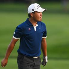 Paul Chang reacts to holing out a chip shot on hole 16 during the round of 16 of the 2023 U.S. Amateur at Cherry Hills C.C. in Cherry Hills Village, Colo. on Thursday, Aug. 17, 2023. (Kathryn Riley/USGA)