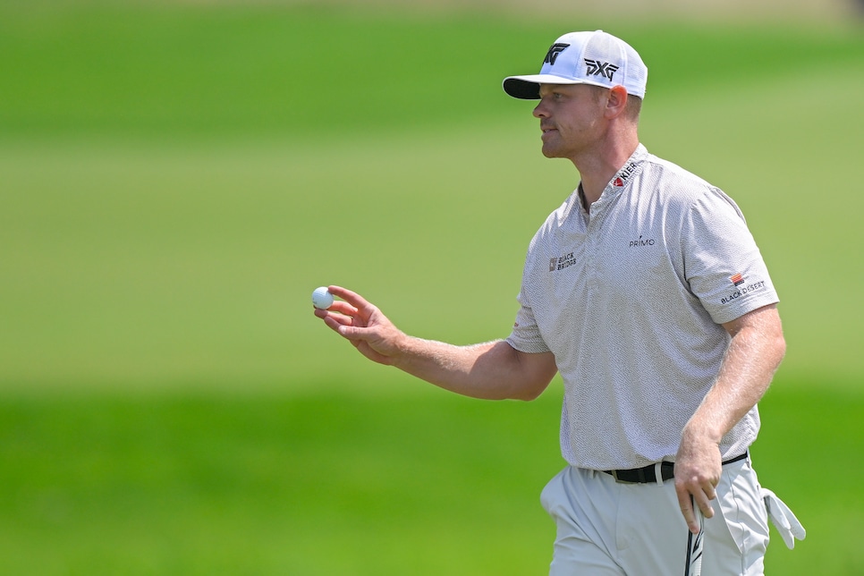 BLAINE, MN - JULY 28: Patrick Fishburn acknowledges the crowd on the 2nd hole during the final round of the 3M Open at TPC Twin Cities on July 27, 2024 in Blaine, Minnesota.(Photo by Nick Wosika/Icon Sportswire via Getty Images)