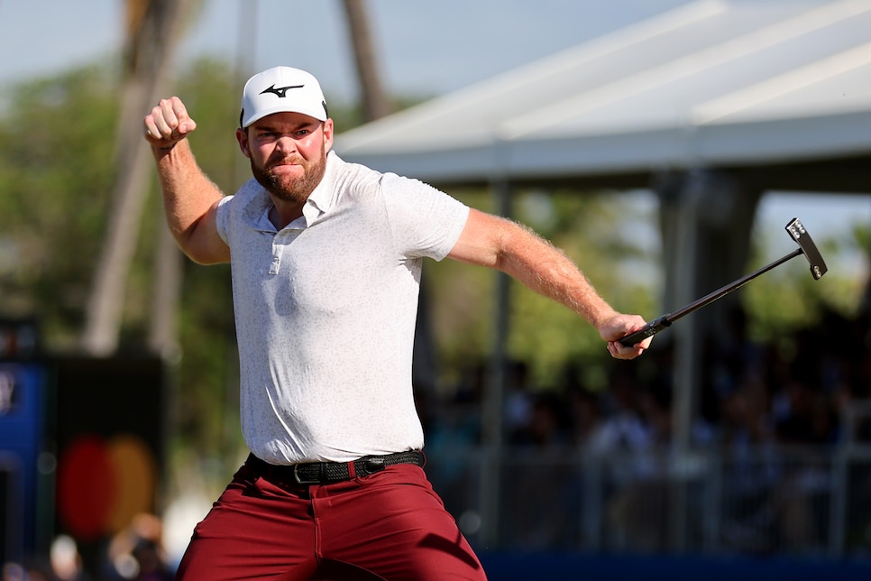 1933655457 HONOLULU, HAWAII - JANUARY 14: Grayson Murray of the United States celebrates after making a putt on the 18th green during the playoff round against Keegan Bradley of the United States and Byeong Hun An of South Korea of the Sony Open in Hawaii at Waialae Country Club on January 14, 2024 in Honolulu, Hawaii. (Photo by Michael Reaves/Getty Images)