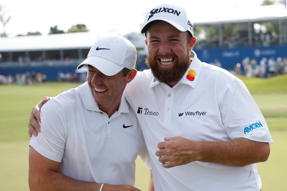 AVONDALE, LOUISIANA - APRIL 28: (L-R) Rory McIlroy of Northern Ireland and Shane Lowry of Ireland celebrate the final round of the Zurich Classic of New Orleans at TPC Louisiana on April 28, 2024 in Avondale, Louisiana. (Photo by Chris Graythen/Getty Images)