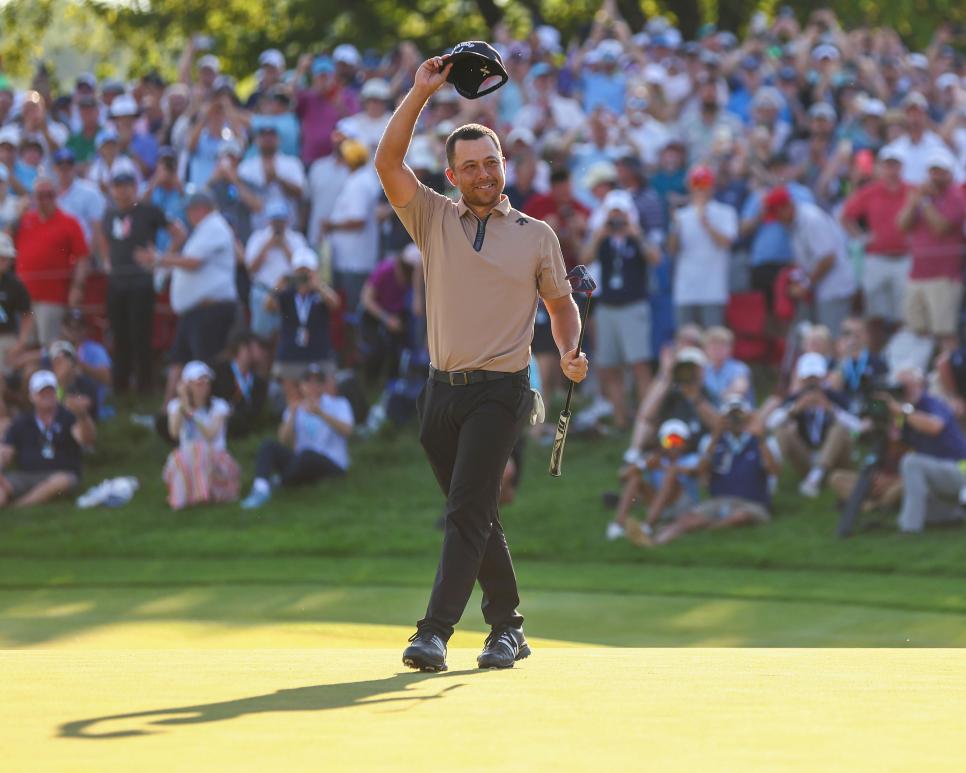 LOUISVILLE, KENTUCKY - MAY 19: Xander Schauffele of the United States celebrates after winning on the 18th green during the final round of the 2024 PGA Championship at Valhalla Golf Club on May 19, 2024 in Louisville, Kentucky. (Photo by Maddie Meyer/PGA of America via Getty Images )