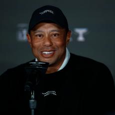 PACIFIC PALISADES, CALIFORNIA - FEBRUARY 14:  Tiger Woods of the United States speaks with the media prior to The Genesis Invitational at Riviera Country Club on February 14, 2024 in Pacific Palisades, California. (Photo by Ronald Martinez/Getty Images)