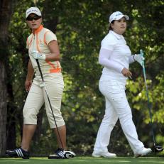 COLORADO SPRINGS, CO - JULY 07:  Inbee Park of South Korea and Se Ri Pak of South Korea look down the hole on the 18th tee during the first round of the 2011 U.S. Women's Open at The Broadmoor on July 7, 2011 in Colorado Springs, Colorado.  (Photo by Harry How/Getty Images)