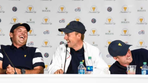 Jordan Spieth & Dustin Johnson sing during Team USA's lively press conference