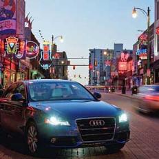 The electric blue A4 fits right in on Memphis\' neon-infused Beale Street.