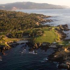 The 375-yard 17th at Cypress point is a stunningly picturesque test on which the golfer must place his drive carefully to avoid being stymied by the cluster of cypress trees in the fairway.