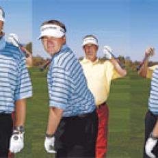Here\'s an image to help you understand the correct shoulder turn. To keep your spine in line with the ball, as you should to promote solid contact, you have to rotate your shoulders in place. Think of your shoulders like the blades of a fan: They turn without the center moving (above, middle). If your shoulder center moves to the right as you swing back (above, right), you have to return it by impact, which is difficult to do with any consistency.