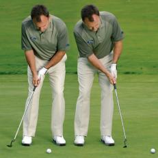 Be like the belly: With a belly putter, the butt end is fixed *(below)*. You can mimic this with a regular putter by keeping the butt of the grip pointed at one spot *(above)*.