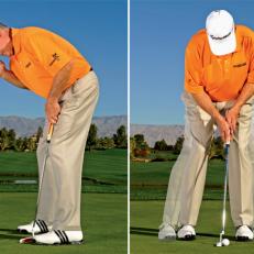 Left: Drop a ball from between your eyes. It should land on top of the ball you\'re addressing.

 Right: Posture and stance width can change, but your eyes should stay over the ball.