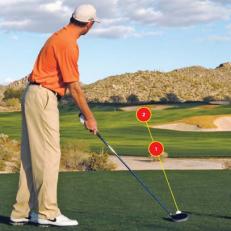 __SIGHTING:__ Use an intermediate target (1) to align your clubface and body to your ultimate target (2).