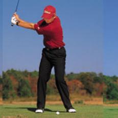 From left: Ball position just ahead of center. Shaft leans toward target. Middle: Left arm and shaft form 90-degree angle at chin height; a late set. Right: Shaft resting on shoulders indicates super-relaxed arms.