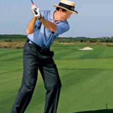 __RIGHT-FOOT-BACK DRILL__ This stance encourages good rhythm, balance and the proper swing path. It also reduces body movement.