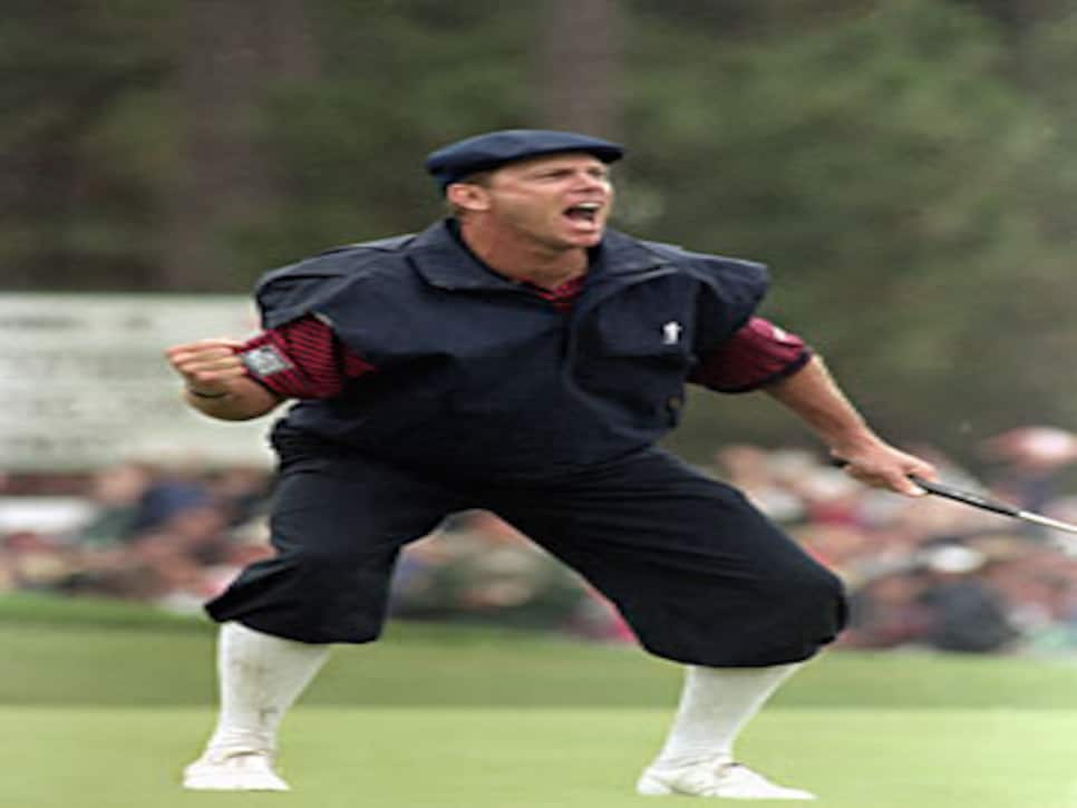 American golfer Payne Stewart, dressed in red Plus-Fours, tees off at The  Open Championship at St Andrews, Collections