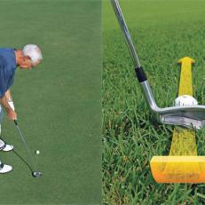 Visualize your putting stroke: You\'ll make crisper contact on your chips if you swing the club straight back *(left)*. Imagine your putting motion *(right)*.