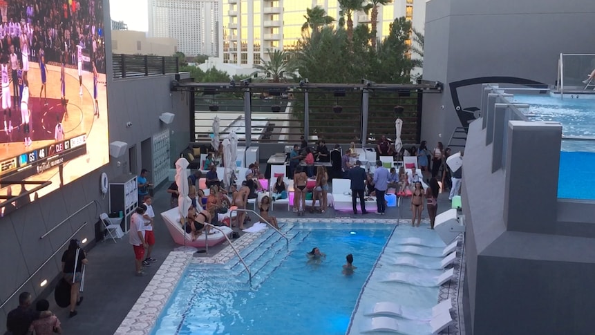 The two pools here are located on the third and fourth levels, and they sit between a large-screen TV and the rows of hitting bays.