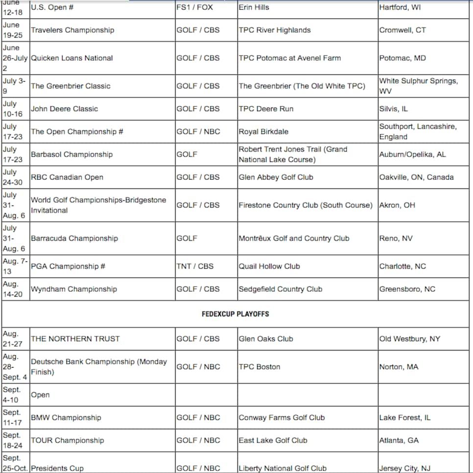 2016 pga tour schedule