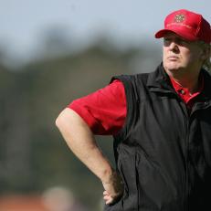 PEBBLE BEACH, CA - FEBRUARY 12:  Businessman Donald Trump looks on while waiting on the second fairway of the Pebble Beach Golf Links during the third round of the AT&T Pebble Beach Pro-Am National Tournament on February 12, 2005 in Pebble Beach, California.  (Photo by Justin Sullivan/Getty Images)